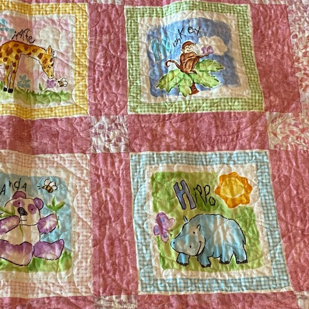 Vintage Handmade Baby Quilt Blanket Animal & Letter Squares Multipurpose 31x39